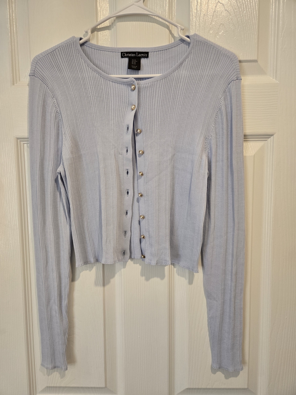 Christian Lacroix Pale Blue Ribbed Cropped Button Cardigan